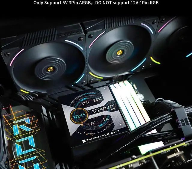 Alt view image 6 of 6 - Thermalrlght Hyper Vision 360 ARGB Black CPU Water Cooler,3 PWM Fans Water Cooling System,IPS LCD Screen with 480x480 Resolution,for AM4/AM5,Intel LGA1851/1700,CPU Liquid Cooler,3.95-inch Display
