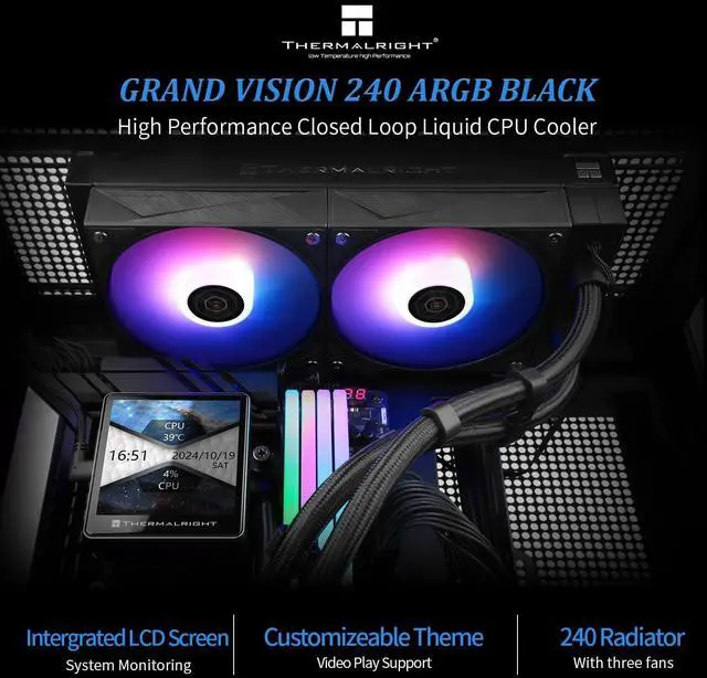 Alt view image 3 of 7 - Grand Vision 240 ARGB Black CPU AIO Cooler,PC 240 Specification Water Cooler System,IPS LCD Screen with 480x480 Resolution,for AM4/AM5;LGA1700/1851,High Performance Pump