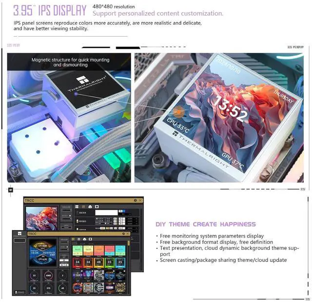 Alt view image 4 of 7 - Hyper Vision 360 UB ARGB White 360mm AIO CPU Liquid Cooler, 4.3-Inch Magnetic LCD Screen, 480x480, 6400RPM Pump, 2150RPM PWM Fan Module, for Intel LGA1851/1700/1200 and AMD AM5/AM4