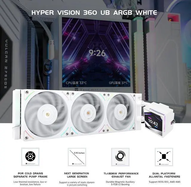 Alt view image 5 of 7 - Hyper Vision 360 UB ARGB White 360mm AIO CPU Liquid Cooler, 4.3-Inch Magnetic LCD Screen, 480x480, 6400RPM Pump, 2150RPM PWM Fan Module, for Intel LGA1851/1700/1200 and AMD AM5/AM4