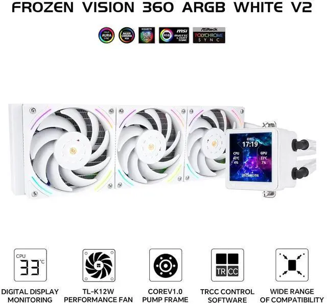 Alt view image 5 of 6 - Frozen Vision 360 ARGB White V2 360mm AIO CPU Liquid Cooler, 2.88in IPS LCD Screen, 480x480 Resolution, 2150RPM PWM ARGB Fans, for AMD and Intel