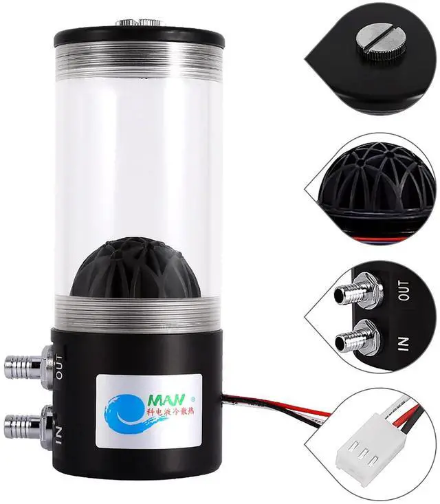 Alt view image 3 of 7 - Cylinder Water Tank, Cylindrical Acrylic Water Tank G 1/4 DN8 Heat Exchanger Water Pump Tank 250ml CO2 Cooler 500L / H 10W DC 12V CPU CO2 Cooling Water Cooler Pump Tank Mute, 3