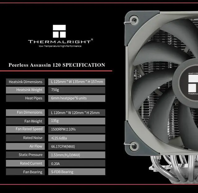 Alt view image 6 of 6 - Thermalrlght Peerless Assassin 120 CPU Air Cooler, PA120, 6 Heat Pipes CPU Cooler, Dual 120mm TL-C12 PWM Fan, Aluminium Heatsink Cover, AGHP Technology, for AMD AM4 AM5/Intel 1150/1151/1200/1700/2011