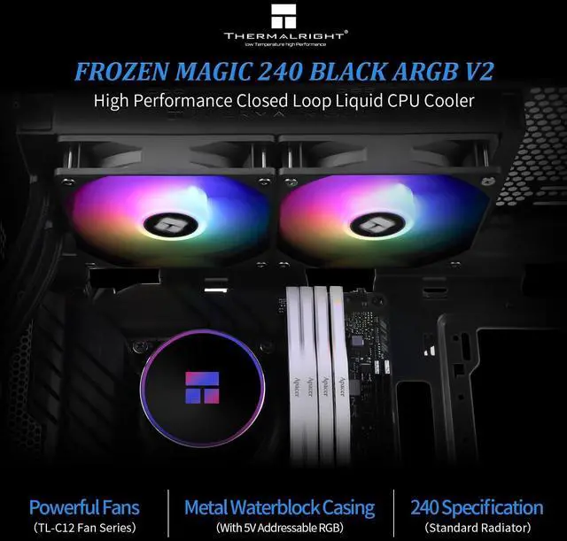 Alt view image 2 of 6 - Thermalrlght Frozen Magic 240 Black ARGB V2 CPU Aio Cooler, Double High-Performance PWM Fans with 1600RPM, for Intel LGA1150/1151//1200/2011/ 1700&AMD:AM4/AM5, PC Cooler Aio, 240 Liquid Cooling Row