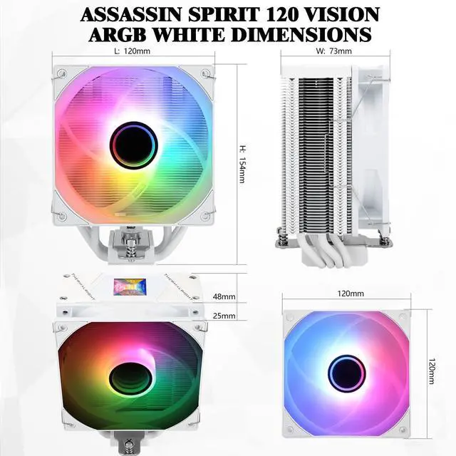 Alt view image 3 of 6 - Assassin Spirit 120 Vision ARGB White,with White Top Cover,CPU Air Cooler, PC Cooling, 240 * 240 Resolving Power IPS LCD Screen,Editable,with 1.54in for Intel lga1851/1700/115X,AM4/AM5
