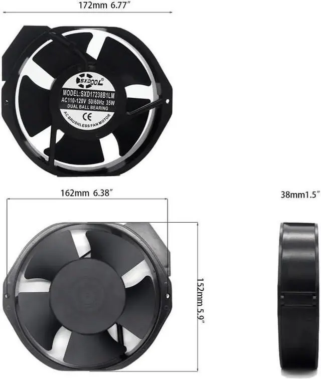 Alt view image 5 of 5 - for SXDOOL AXIAL Fans 1738, 110V 115V 120V AC 172mm X 150mm 38mm Speed, for DIY Cooling Ventilation Projects