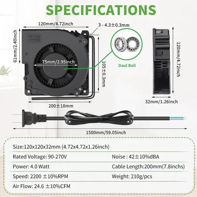 Alt view image 5 of 7 - AC EC Powered 120mm x 32mm Radial Centrifugal Blower Fan 110V 115V 120V 220V 240V for Refrigerator Receiver DVR Xbox Modem AV Cabinet Cooling