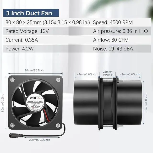 Alt view image 5 of 6 - 80mm x 25mm 3 Inch Duct Household Ventilation Exhaust Fan with Speed Controller for DIY Greenhouse 3D Print Smoke Paint Extractor-D80