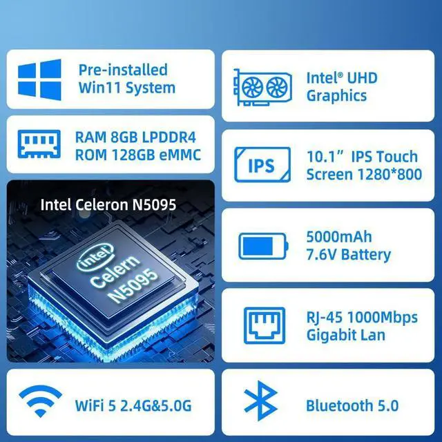 Alt view image 2 of 7 - Mini PC Computer Win11 Pro Fanless Industrial Mini Desktop Computer with 10.1" Touchscreen Display, N5095 CPU 8GB Ram, 128GB ROM, 5000mAh Battery, Dual RS232, HDMI, Type-C, BT 5.0, WOL