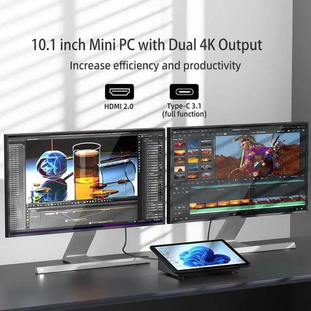 Alt view image 6 of 7 - Mini PC Computer Win11 Pro Fanless Industrial Mini Desktop Computer with 10.1" Touchscreen Display, N5095 CPU 8GB Ram, 128GB ROM, 5000mAh Battery, Dual RS232, HDMI, Type-C, BT 5.0, WOL