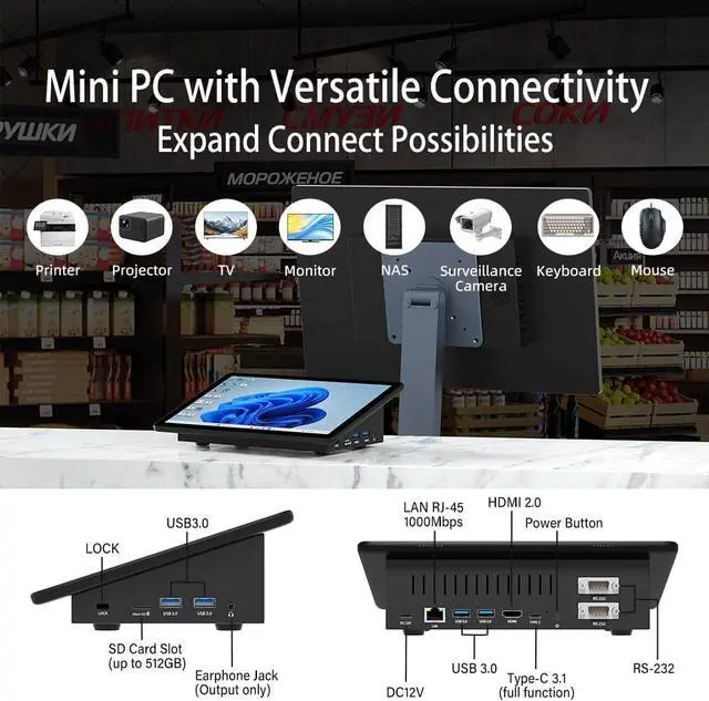 Alt view image 7 of 7 - Mini PC Computer Win11 Pro Fanless Industrial Mini Desktop Computer with 10.1" Touchscreen Display, N5095 CPU 8GB Ram, 128GB ROM, 5000mAh Battery, Dual RS232, HDMI, Type-C, BT 5.0, WOL