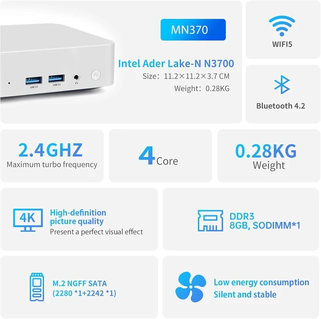 Alt view image 2 of 7 - Mini PC (4C/4T) 8GB RAM 256GB SSD Support 2T desktop computers windows/WiFi/BT/DC/RJ45 LAN 1000M/USB*4/USB-C*2 /HDMI*2 4K Dual Display 2.4G/5G WiFi & BT4.2 Mini Desktop Computer Home Office (N3700)