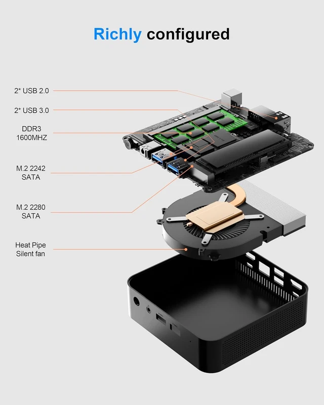 Alt view image 6 of 7 - Mini PC Intel N3150, 8GB RAM 256GB SSD, Dual HDMI 4K, WiFi 5