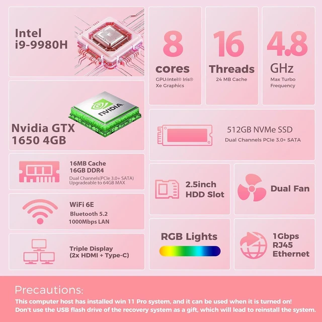 Alt view image 2 of 7 - Mini Gaming PC, in-tel Core I9-9980HK with Nvidia GTX1650 4G RGB Lighting Gaming Computer, 16GB DDR4 512GB SSD, Triple 4K Display/WiFi 6E BT 5.3/1G LAN, Win 11 Pro Desktop PC for Office/Home/Gaming