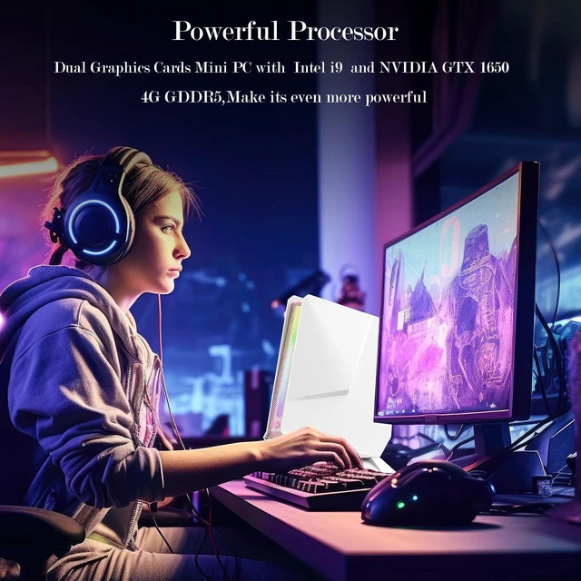 Alt view image 6 of 7 - Mini Gaming PC, in-tel Core I9-9980HK with Nvidia GTX1650 4G RGB Lighting Gaming Computer, 16GB DDR4 512GB SSD, Triple 4K Display/WiFi 6E BT 5.3/1G LAN, Win 11 Pro Desktop PC for Office/Home/Gaming