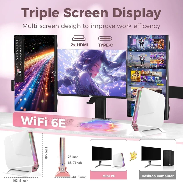 Alt view image 5 of 7 - Mini Gaming PC, in-tel Core I9-9980HK with Nvidia GTX1650 4G RGB Lighting Gaming Computer, 16GB DDR4 512GB SSD, Triple 4K Display/WiFi 6E BT 5.3/1G LAN, Win 11 Pro Desktop PC for Office/Home/Gaming
