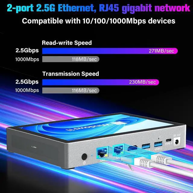 Alt view image 5 of 7 - HEIGAOLA Mini PC 12th Gen N100 Windows 11 Pro 7" Screen 16GB RAM 256GB ROM Mini PC with Screen USB-C 4G Data Mini Computer WiFi 5 BT 5.0 4K Display Dual 2.5G LAN Desktop Computer