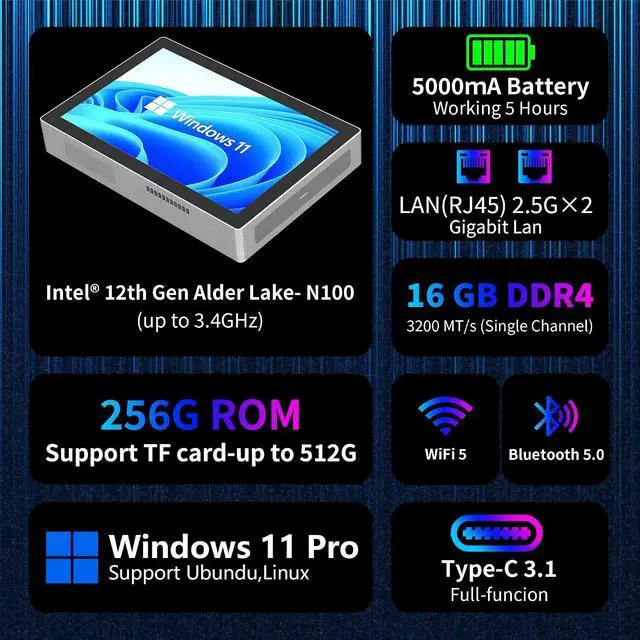 Alt view image 3 of 7 - HEIGAOLA Mini PC 12th Gen N100 Windows 11 Pro 7" Screen 16GB RAM 256GB ROM Mini PC with Screen USB-C 4G Data Mini Computer WiFi 5 BT 5.0 4K Display Dual 2.5G LAN Desktop Computer