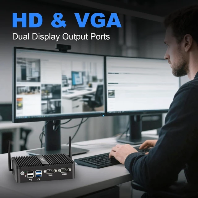 Alt view image 3 of 7 - Fanless Mini PC, Industrial PC Pentium Silver J5005, 8GB RAM, 128GB SSD, Windows 11 Pro, HD VGA Dual Display, 2 RS232 COM, Dual Gigabit Ethernet, WiFi 5, BT