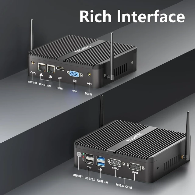 Alt view image 4 of 7 - Fanless Mini PC, Industrial PC Pentium Silver J5005, 8GB RAM, 128GB SSD, Windows 11 Pro, HD VGA Dual Display, 2 RS232 COM, Dual Gigabit Ethernet, WiFi 5, BT