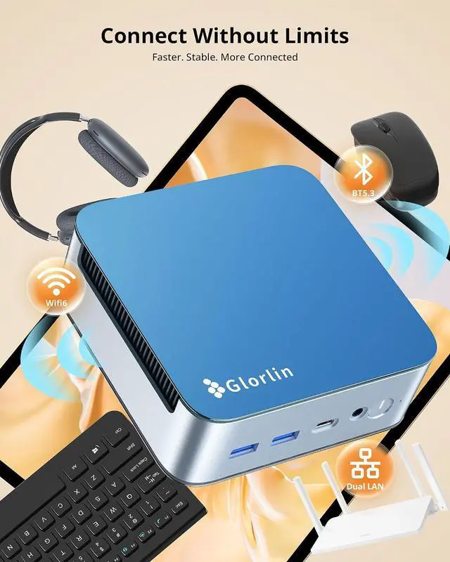 Alt view image 4 of 7 - Glorlin Mini PC Ryzen 5 6600H(Beats 7430U/5825U), 16G LPDDR5 512G NVMe SSD, Mini Desktop Computer with 4K Triple Display, WiFi 6 BT5.3 Dual LAN, Mini Computer for Office, Home, Business
