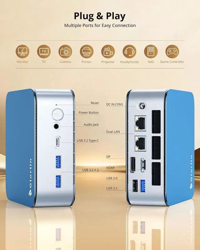 Alt view image 6 of 7 - Glorlin Mini PC Ryzen 5 6600H(Beats 7430U/5825U), 16G LPDDR5 512G NVMe SSD, Mini Desktop Computer with 4K Triple Display, WiFi 6 BT5.3 Dual LAN, Mini Computer for Office, Home, Business