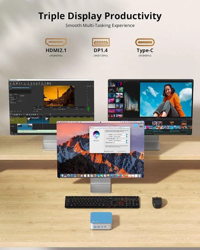 Alt view image 5 of 7 - Glorlin Mini PC Ryzen 5 6600H(Beats 7430U/5825U), 16G LPDDR5 512G NVMe SSD, Mini Desktop Computer with 4K Triple Display, WiFi 6 BT5.3 Dual LAN, Mini Computer for Office, Home, Business