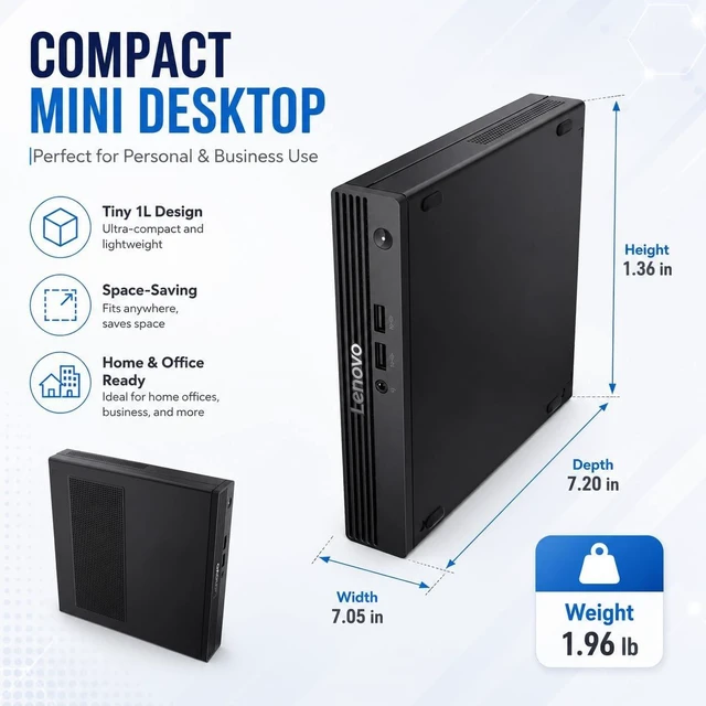 Alt view image 6 of 7 - Customized Lenovo Mini Desktop Computer, Intel N100 Processor, 8GB/ 16GB/ 32GB DDR5 RAM, 256GB/ 512GB/ 1TB/ 2TB SSD, Windows 11, Wi-Fi 6, Bluetooth, HDMI, DisplayPort, RJ-45, Wired KB & Mouse