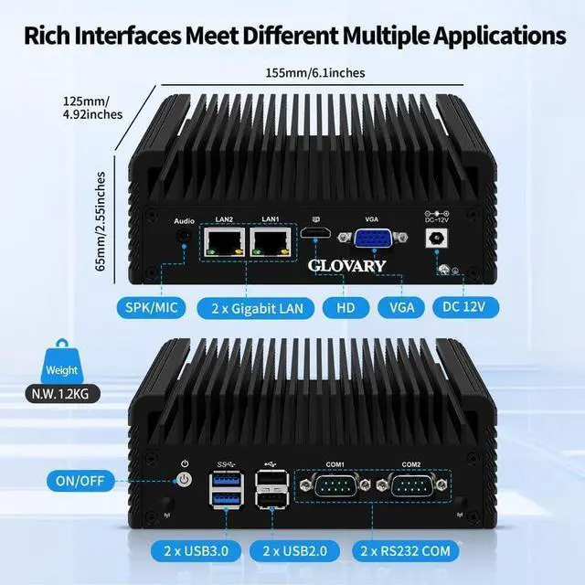 Alt view image 3 of 7 - Fanless Mini PC N2840, DDR3L Barebone, Dual LAN Firewall Industrial PC, Linux Micro Desktop Computer for Home Office, HD VGA, 2 x RS232 Serial Port, USB3.0, Auto Power On