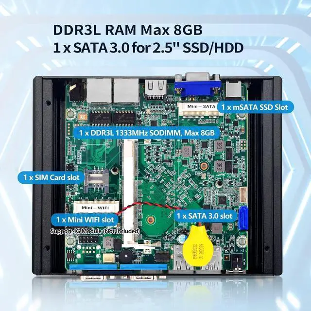 Alt view image 4 of 7 - Fanless Mini PC N2840, DDR3L Barebone, Dual LAN Firewall Industrial PC, Linux Micro Desktop Computer for Home Office, HD VGA, 2 x RS232 Serial Port, USB3.0, Auto Power On