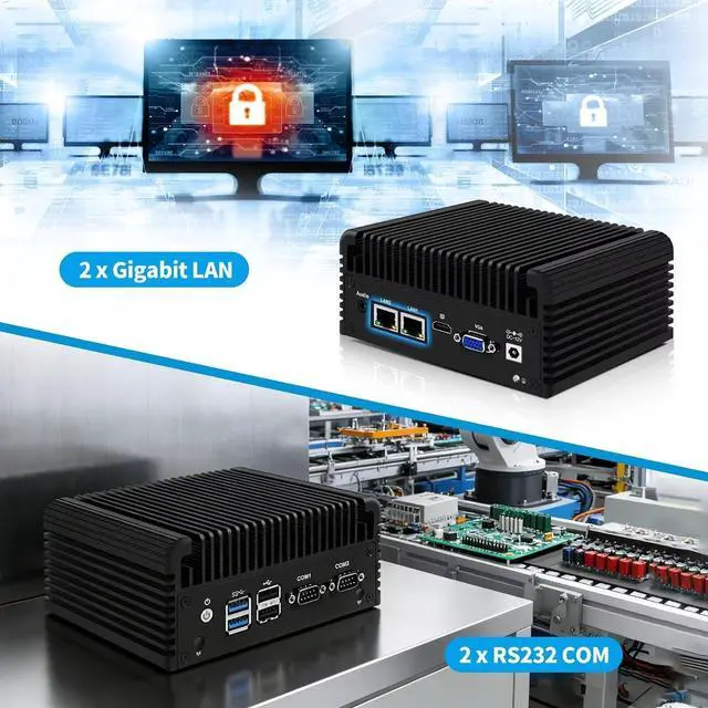 Alt view image 6 of 7 - Fanless Mini PC N2840, DDR3L Barebone, Dual LAN Firewall Industrial PC, Linux Micro Desktop Computer for Home Office, HD VGA, 2 x RS232 Serial Port, USB3.0, Auto Power On