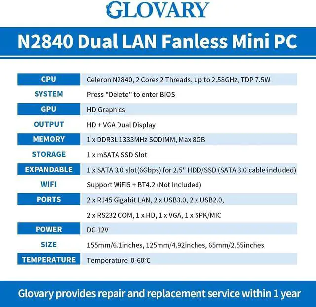 Alt view image 7 of 7 - Fanless Mini PC N2840, DDR3L Barebone, Dual LAN Firewall Industrial PC, Linux Micro Desktop Computer for Home Office, HD VGA, 2 x RS232 Serial Port, USB3.0, Auto Power On