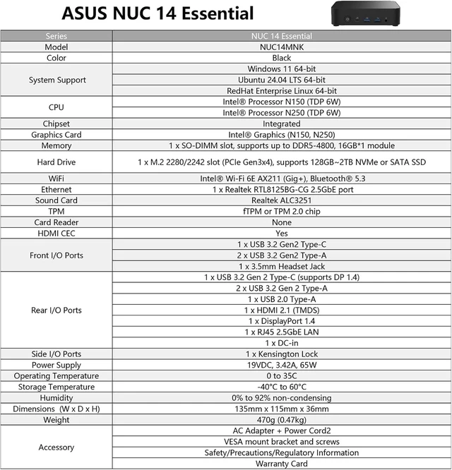 Alt view image 2 of 7 - NUC 14 Essential NUC14MNK150 Mini PC - Intel N150 IntelGraphics, DDR5-4800, Wi-Fi 6E, Triple 4K Display, 2.5GbE LAN, 0.56L Compact Desktop for Office & Business(Barebone No RAM/SSD/OS)