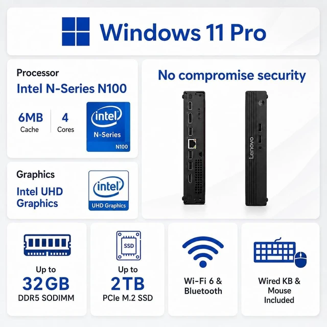 Alt view image 3 of 7 - Customized Lenovo Mini Desktop Computer, Intel N100 Processor, 8GB/ 16GB/ 32GB DDR5 RAM, 256GB/ 512GB/ 1TB/ 2TB SSD, Windows 11, Wi-Fi 6, Bluetooth, HDMI, DisplayPort, RJ-45, Wired KB & Mouse