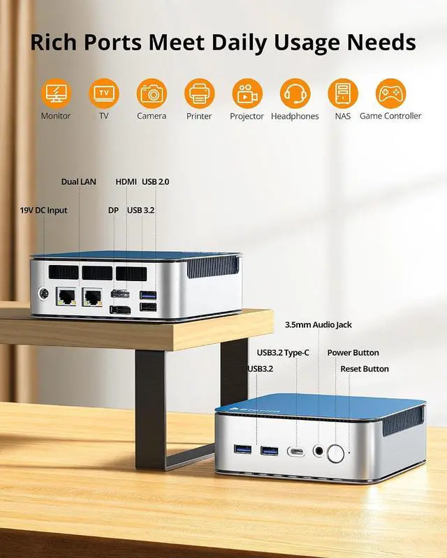 Alt view image 7 of 7 - Glorlin Mini PC Ryzen 7 6800H(up to 4.7GHz), 16GB LPDDR5 512GB NVMe SSD, Radeon 680M, Triple 4K Display HDMI/DP/Type-C, Dual LAN, WiFi 6 BT5.3, Mini Desktop Computer for Office, Home & Gaming