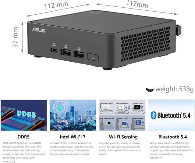Alt view image 3 of 7 - Cutesliving Ultra 5 225H 14-Core Mini PC: Quad 4K Display, PCIe 5.0 SSD, Wi-Fi 7, Thunderbolt 4 Ports, MIL-STD Certified(BareboneNO RAM&SSD&OS)