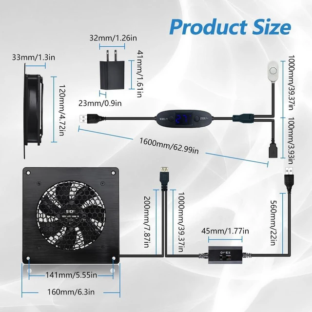 Alt view image 6 of 6 - 120mm USB Quiet Cabinets Cooling Fan System 6" with 0-60 Adjustable Thermostat Control, for Home Theater AV Cabinets,Plant House, pet Kennel