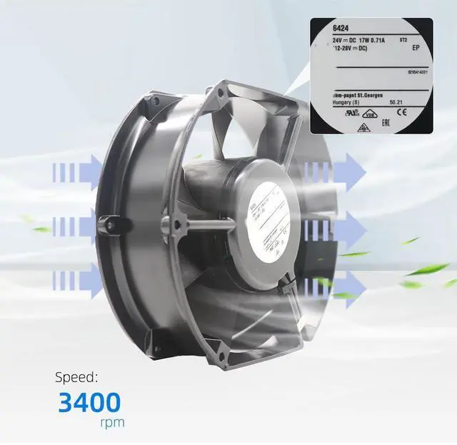 Alt view image 3 of 7 - 6424 Compact Axial Fan for eBm Papst - 6424 Metal Fan 24V DC 17W 0.71A 3400RPM Ball Inverter Axial Industrial Cooling Fans for UPS, Server Racks, Telecom & Medical Equipment 172 * 150 * 51MM