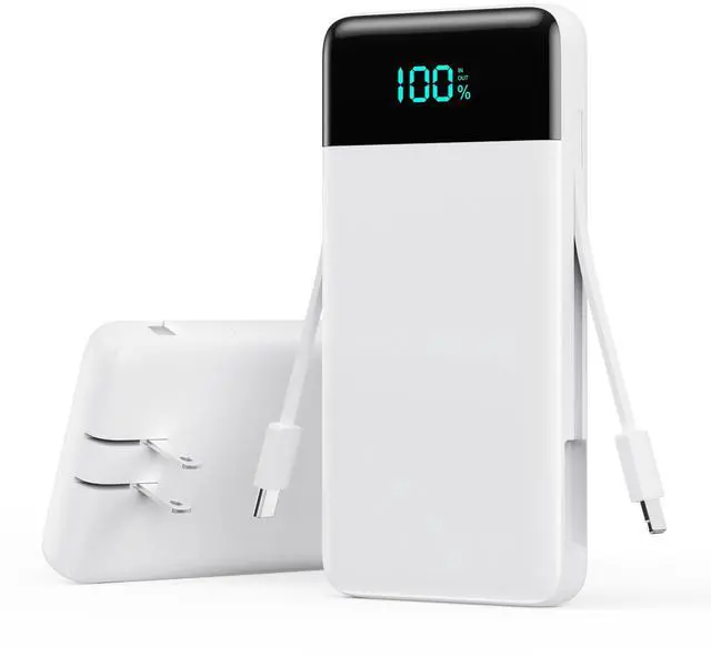 Main image of Portable Charger with Built-in AC Plug and Cables,13800mAh All in One USB C Fast Charging Power Bank,Travel Essentials Portable Phone Charger Battery Pack for iPhone 17/16/15/14,Galaxy,Android-White