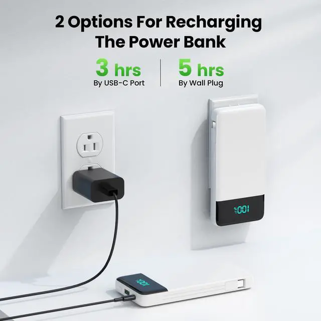 Alt view image 2 of 7 - Portable Charger with Built-in AC Plug and Cables,13800mAh All in One USB C Fast Charging Power Bank,Travel Essentials Portable Phone Charger Battery Pack for iPhone 17/16/15/14,Galaxy,Android-White
