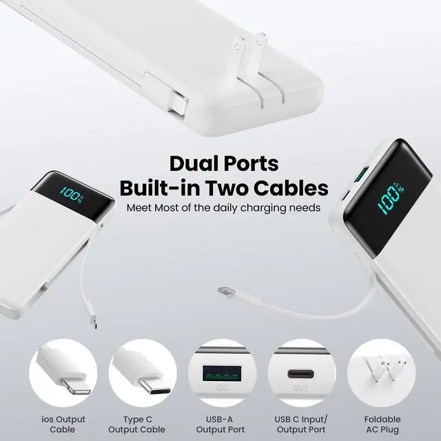 Alt view image 3 of 7 - Portable Charger with Built-in AC Plug and Cables,13800mAh All in One USB C Fast Charging Power Bank,Travel Essentials Portable Phone Charger Battery Pack for iPhone 17/16/15/14,Galaxy,Android-White