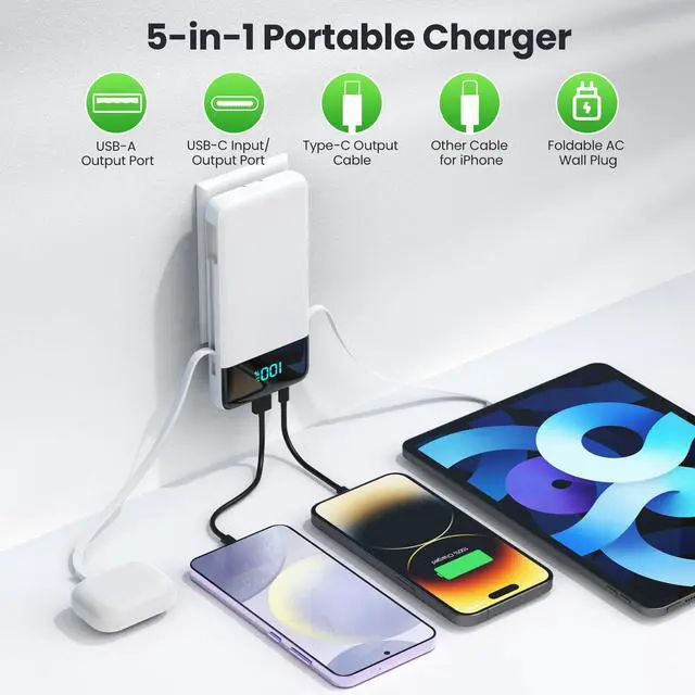 Alt view image 5 of 7 - Portable Charger with Built-in AC Plug and Cables,13800mAh All in One USB C Fast Charging Power Bank,Travel Essentials Portable Phone Charger Battery Pack for iPhone 17/16/15/14,Galaxy,Android-White
