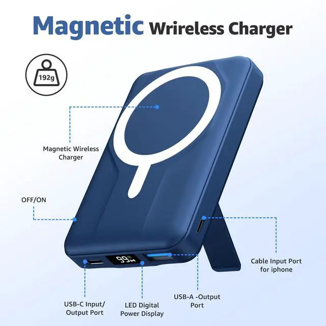 Alt view image 2 of 7 - ViewSonic Magnetic Power Bank,10000mAh for MagSafe Battery Pack, 22.5W PD Fast Charging,LED Display & Foldable Stand Wireless Portable Charger for iPhone 17/16/15/14/13/12/Pro/Pro Max/Plus,Sea Blue