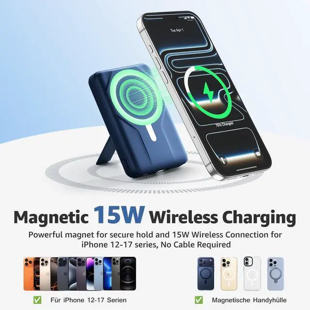 Alt view image 3 of 7 - ViewSonic Magnetic Power Bank,10000mAh for MagSafe Battery Pack, 22.5W PD Fast Charging,LED Display & Foldable Stand Wireless Portable Charger for iPhone 17/16/15/14/13/12/Pro/Pro Max/Plus,Sea Blue