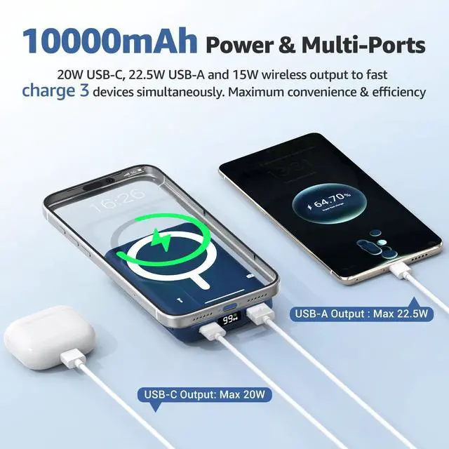 Alt view image 4 of 7 - ViewSonic Magnetic Power Bank,10000mAh for MagSafe Battery Pack, 22.5W PD Fast Charging,LED Display & Foldable Stand Wireless Portable Charger for iPhone 17/16/15/14/13/12/Pro/Pro Max/Plus,Sea Blue