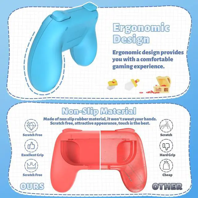 Alt view image 2 of 7 - ViewSonic Grips Compatible with Nintendo Switch for Joy Con & OLED Model for Joycon, Wear-Resistant Handle Kit and Non-Slip Thumb Grips for Switch Joycon 1 Controller 2 Pack (Blue and Red)