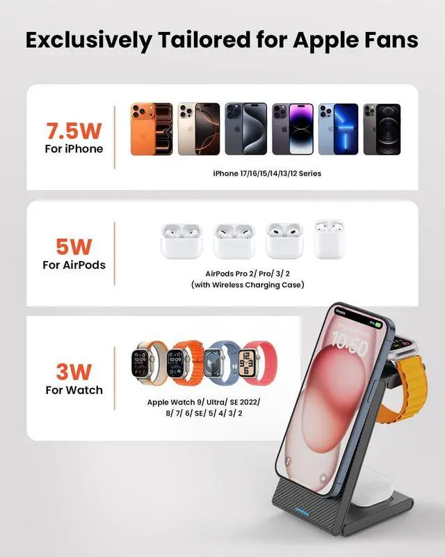 Alt view image 2 of 7 - ViewSonic 3 in 1 Wireless Charging Station for Magsafe, Foldable Magnetic Wireless Charger Stand for Multiple Devices, Wireless Charger for iPhone 17 16-12 Series, Apple Watch 11-2, AirPods 4/3/2/Pro