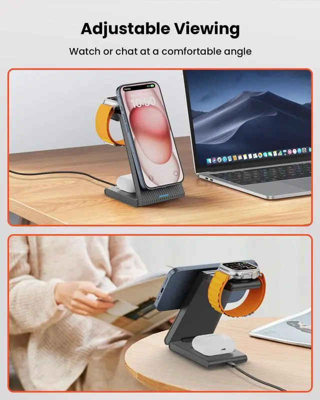 Alt view image 4 of 7 - ViewSonic 3 in 1 Wireless Charging Station for Magsafe, Foldable Magnetic Wireless Charger Stand for Multiple Devices, Wireless Charger for iPhone 17 16-12 Series, Apple Watch 11-2, AirPods 4/3/2/Pro