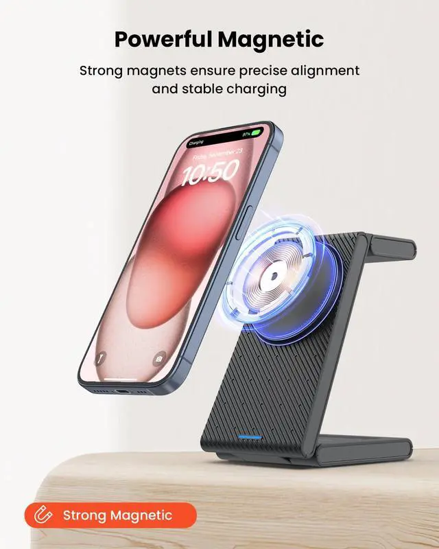 Alt view image 3 of 7 - ViewSonic 3 in 1 Wireless Charging Station for Magsafe, Foldable Magnetic Wireless Charger Stand for Multiple Devices, Wireless Charger for iPhone 17 16-12 Series, Apple Watch 11-2, AirPods 4/3/2/Pro