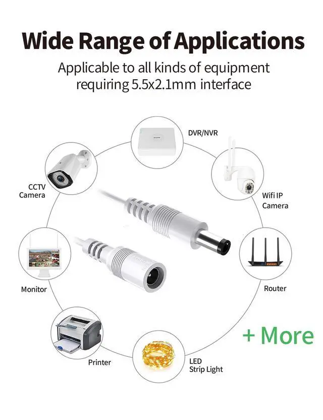 Alt view image 6 of 7 - ViewSonic Power Extension Cable 10M 33Ft 2.1mm x 5.5mm Compatible with 12V DC Adapter Cord for CCTV Security Camera System NVR DVR and Standalone IP Camera(White)